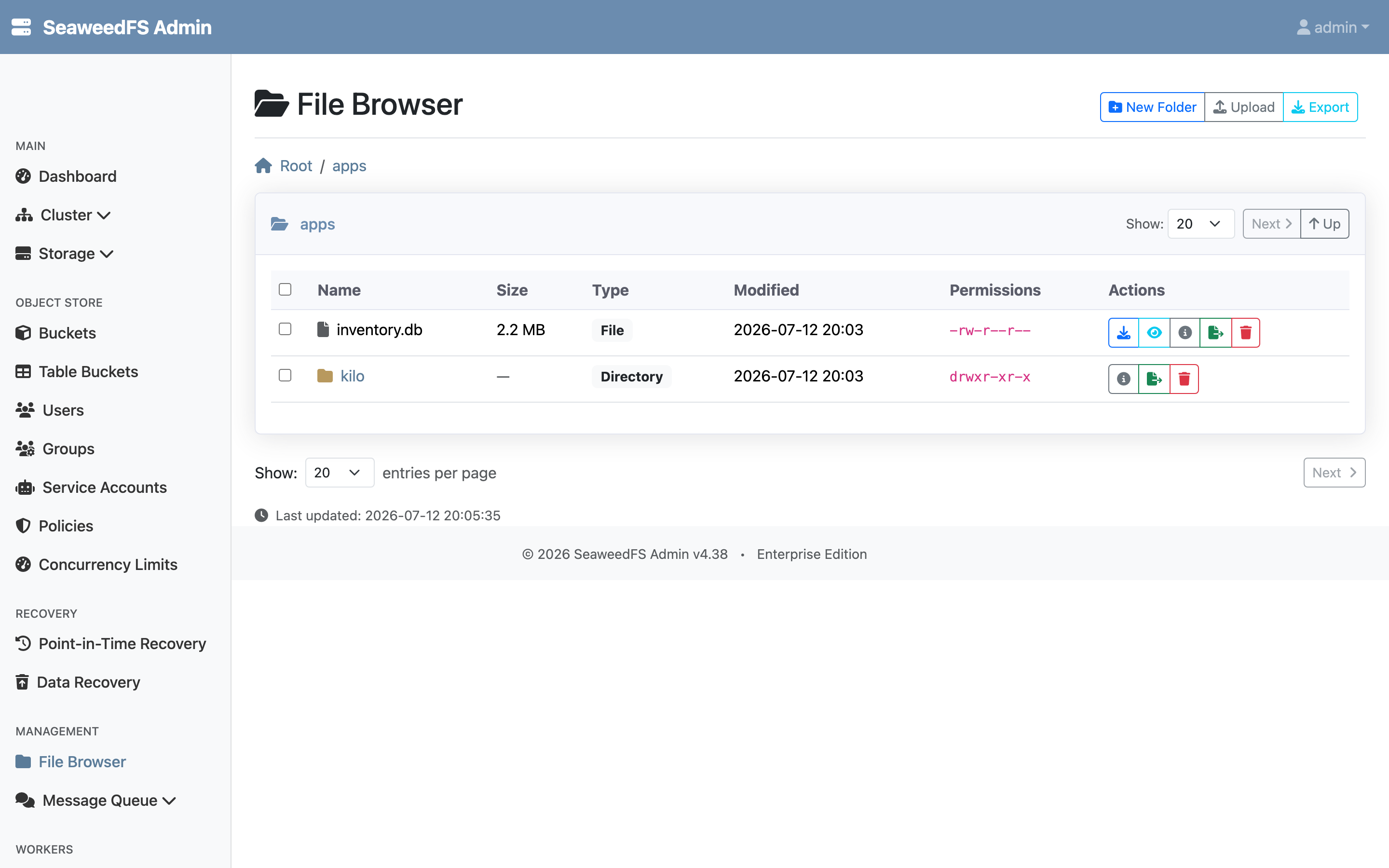 The Admin UI File Browser showing the /apps directory with inventory.db (2.2 MB) and the kilo directory created through the kernel mount.