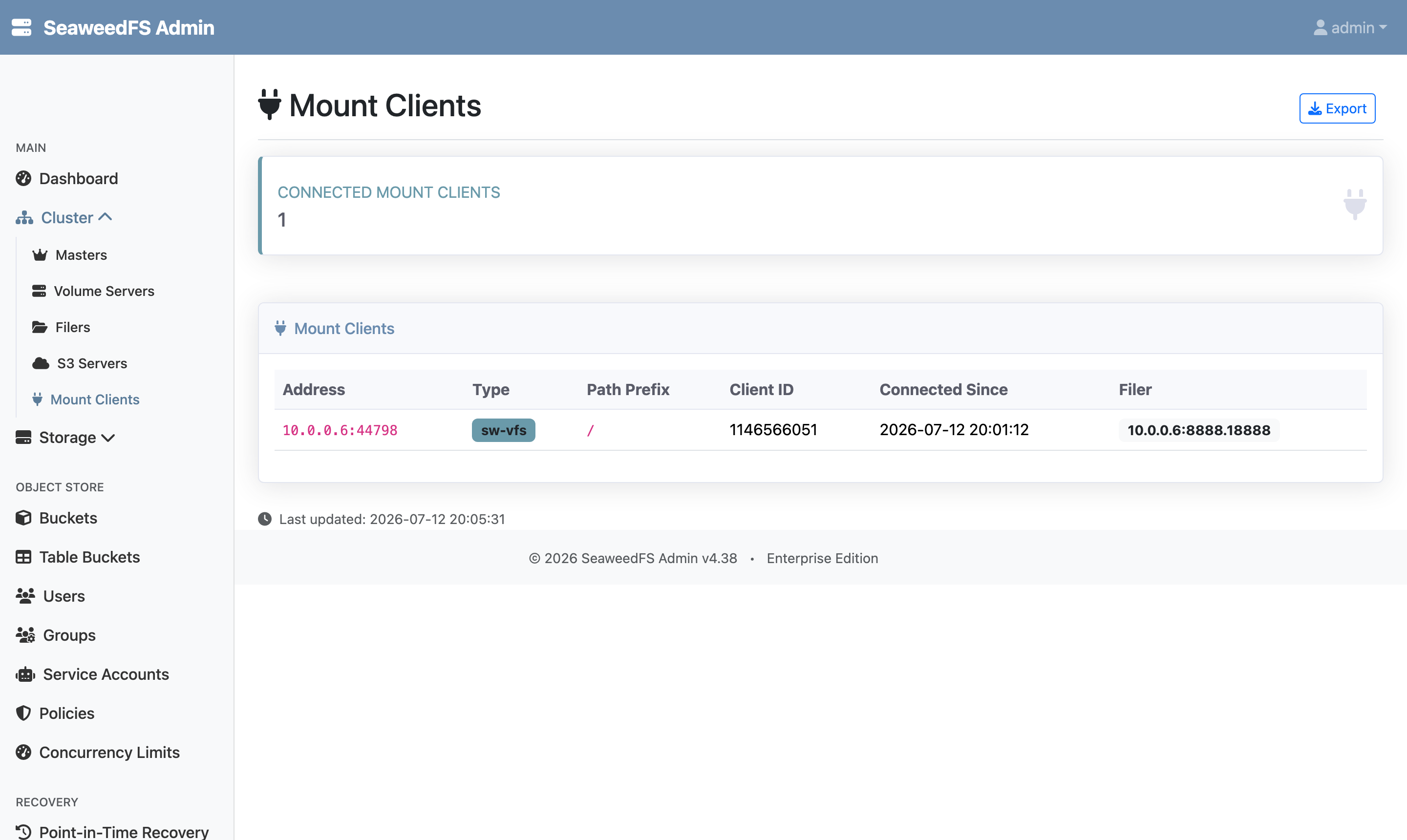 The Admin UI Mount Clients page showing one connected client of type sw-vfs, path prefix /, with its client ID, connection timestamp, and the filer it is attached to.
