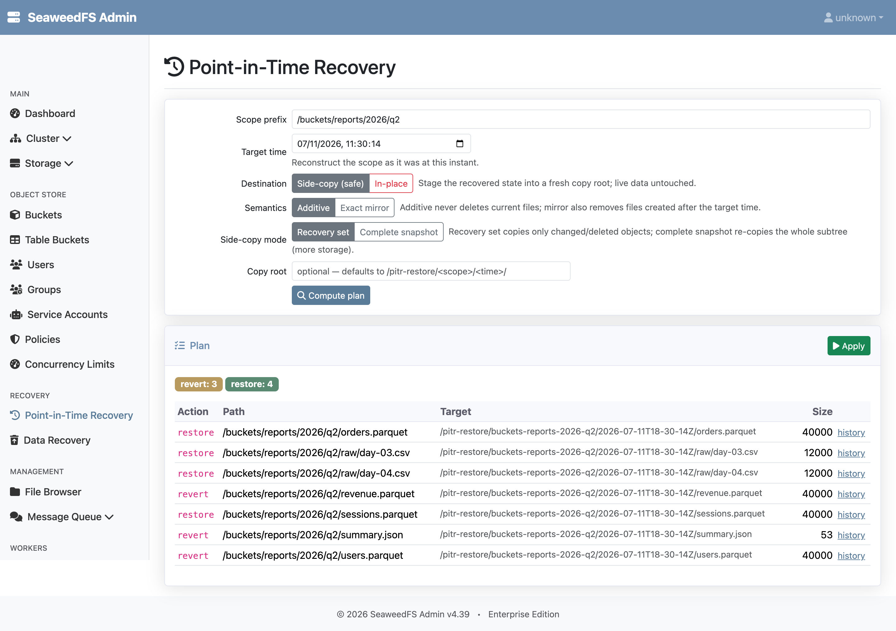 The Admin UI Point-in-Time Recovery page: a scope prefix and target time entered, side-copy and additive semantics selected, and a computed plan listing three reverts and four restores with per-path targets and history links.