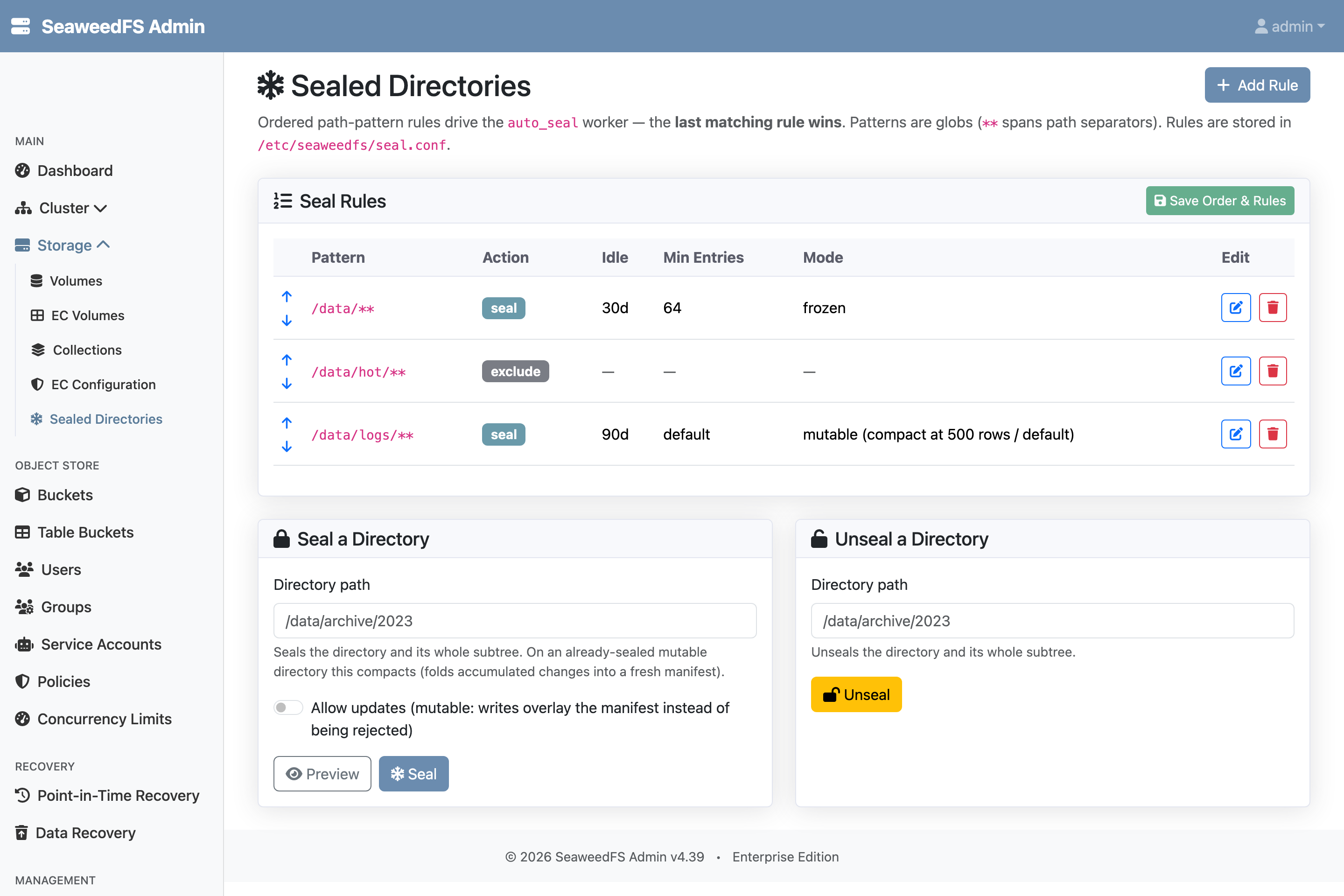 The SeaweedFS Admin UI Sealed Directories page, showing the three ordered seal rules with their patterns, idle windows, entry minimums and modes, plus panels to seal or unseal a directory on demand.