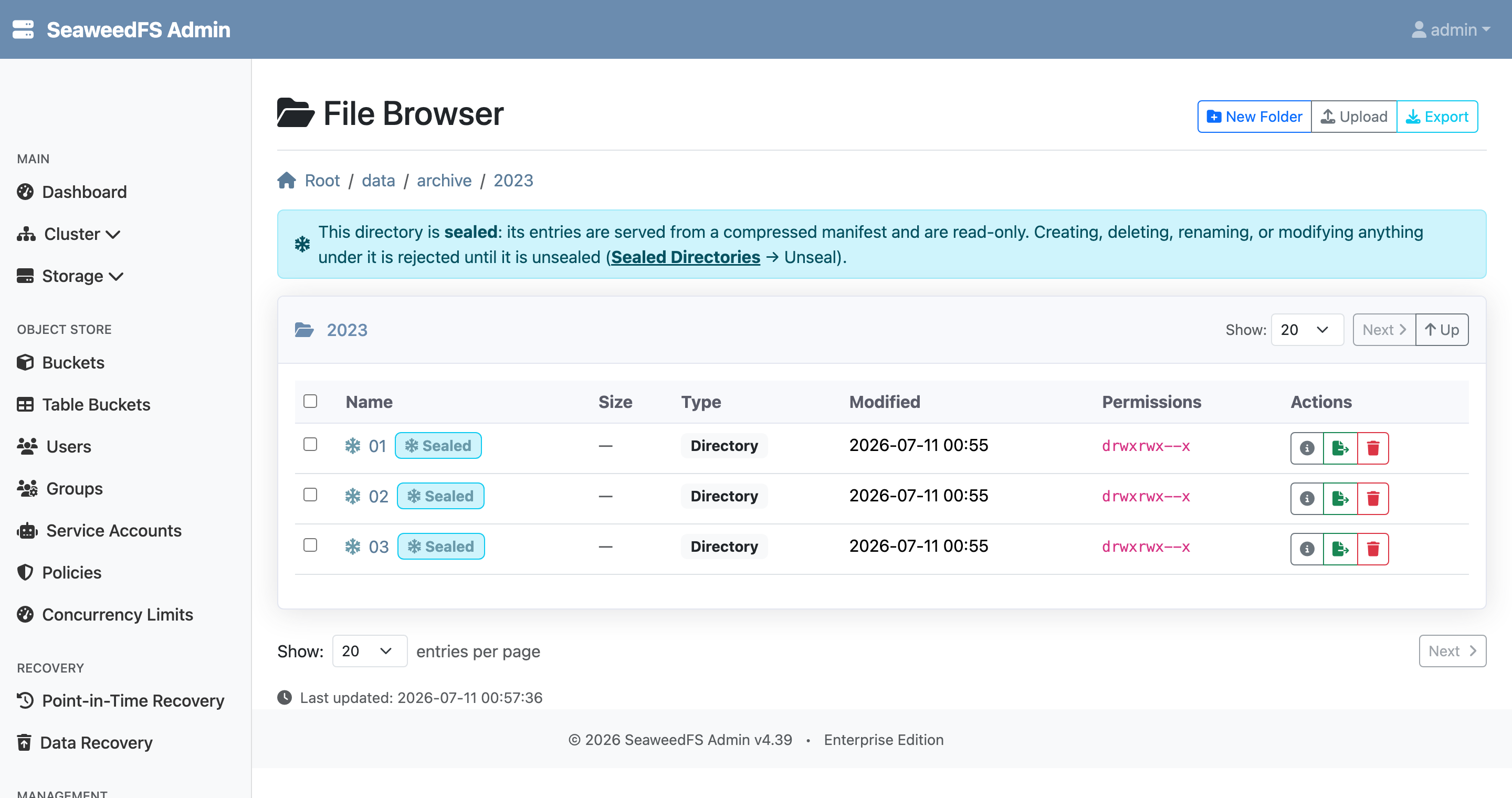 The Admin UI file browser inside a sealed directory: a banner explains that entries are served from a compressed manifest and are read-only, and each subdirectory carries a Sealed badge.